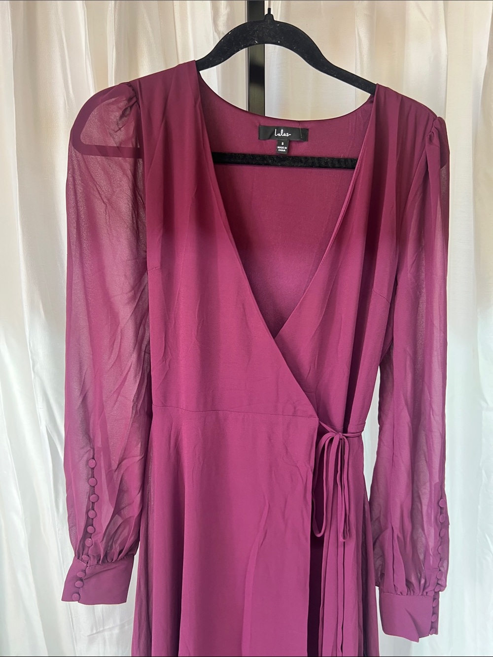 Lulu's Berry Wrap Maxi Dress with Sheer Long Sleeves